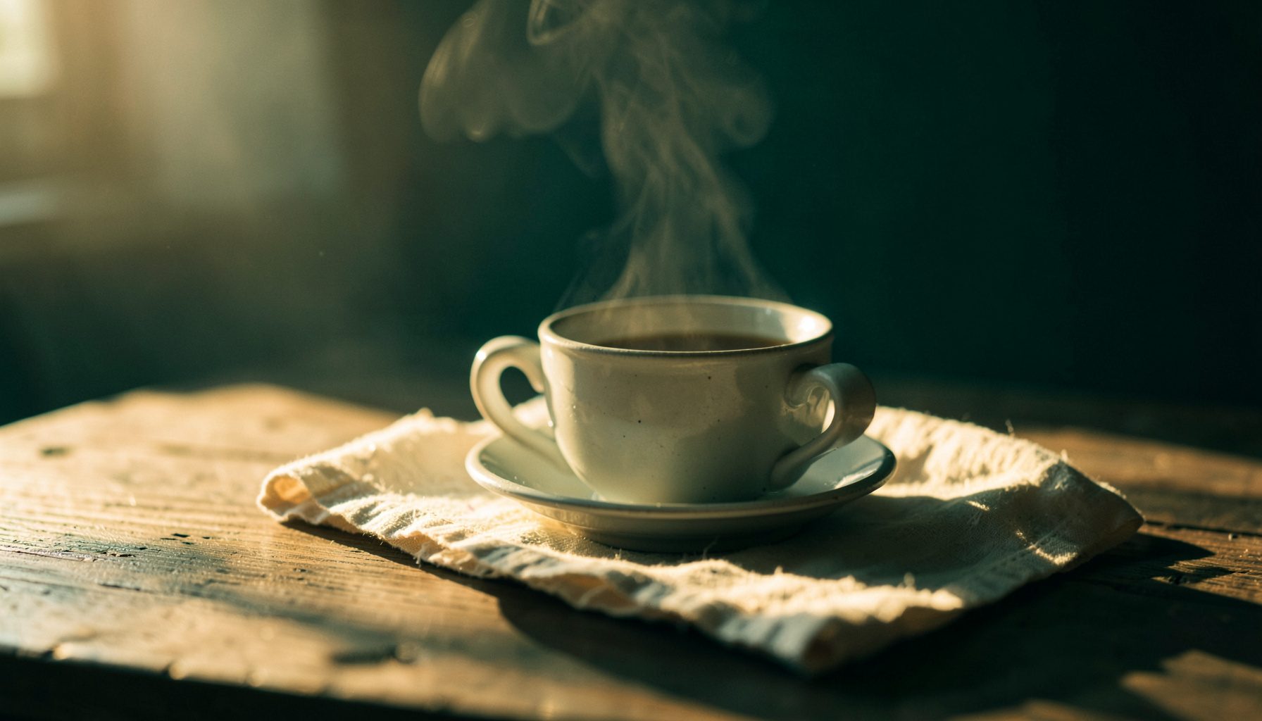 Warm golden-hour photograph of a softly lit wooden tabletop with a steaming cup and linen napkin, in deep teal and cream tones.