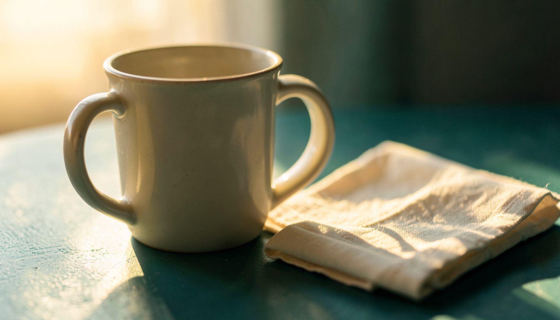 Close-up of a ceramic mug beside a folded napkin, photographed in warm golden-hour light with soft cream and teal tones.