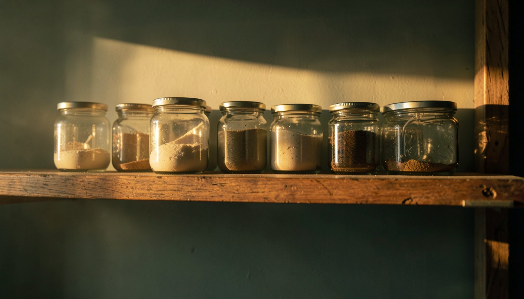 Rustic wooden shelf with neatly arranged jars, photographed in warm amber light with a peaceful, neutral mood.