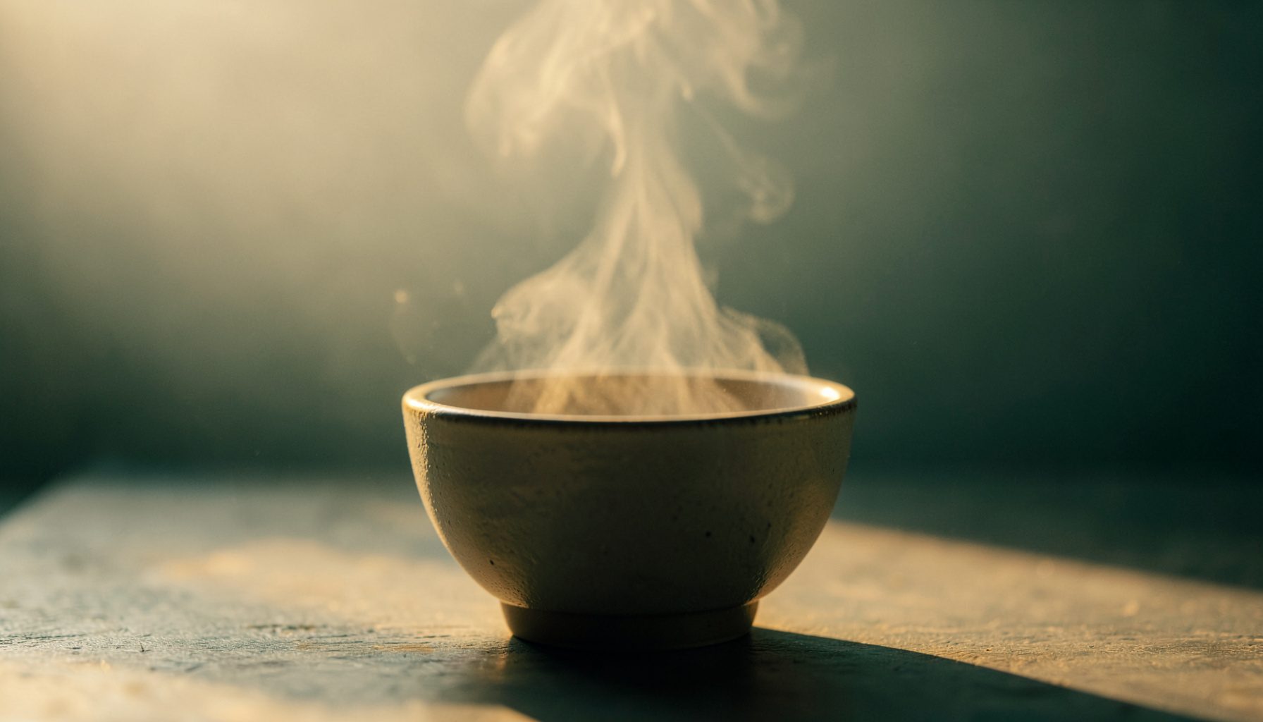 Stoneware bowl with steam rising, captured during golden hour with a creamy, slightly hazy atmosphere.