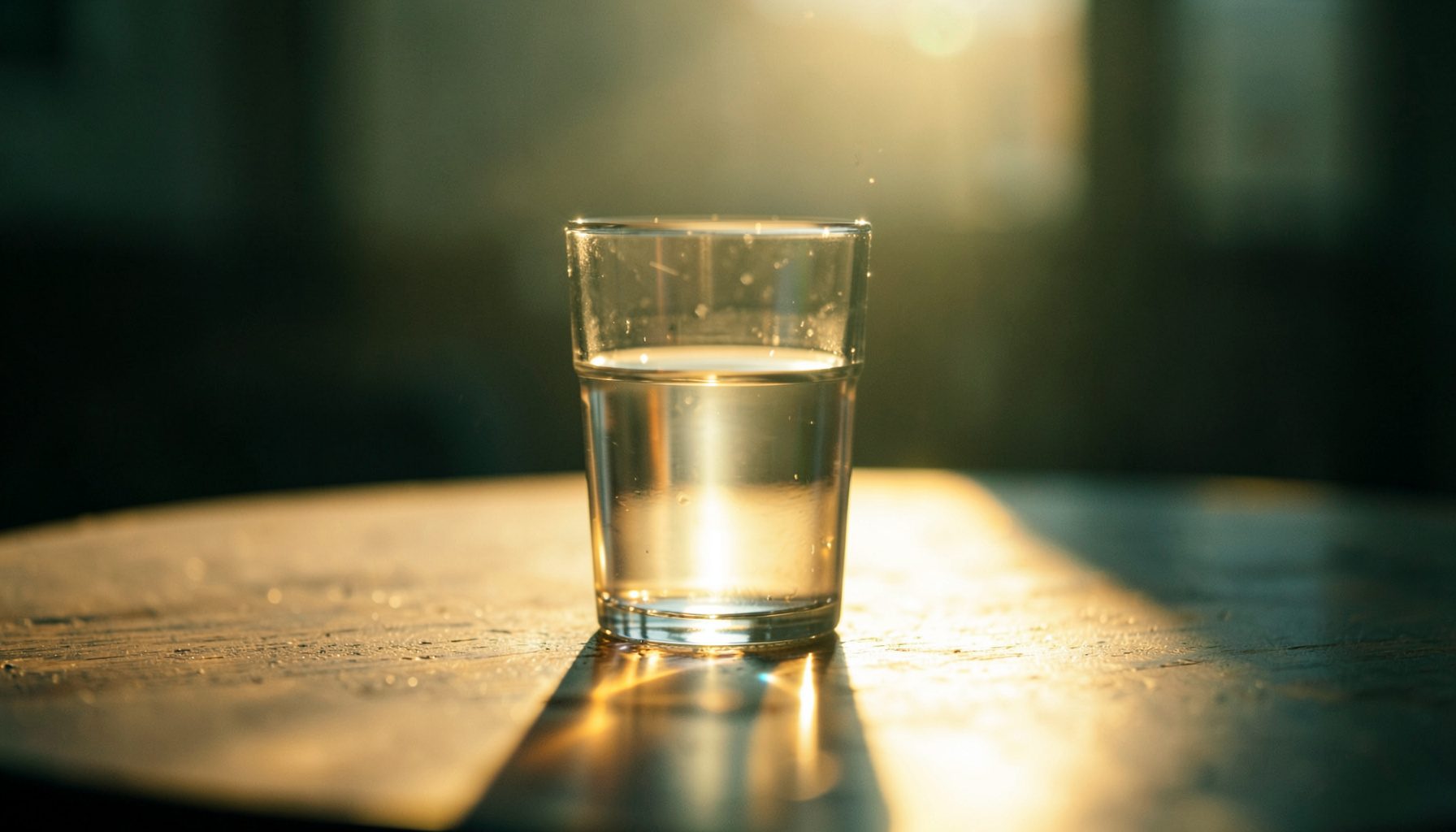 Soft-focus tabletop scene with a glass of water catching golden sunlight, overall mood calm and warm.